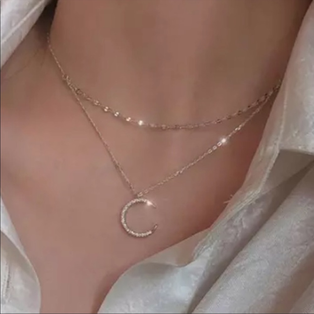 DOUBLE LAYERED 925 STERLING SILVER MOON NECKLACE, NICE NECKLACE, CUTE NECKLACE - Picture 2 of 3